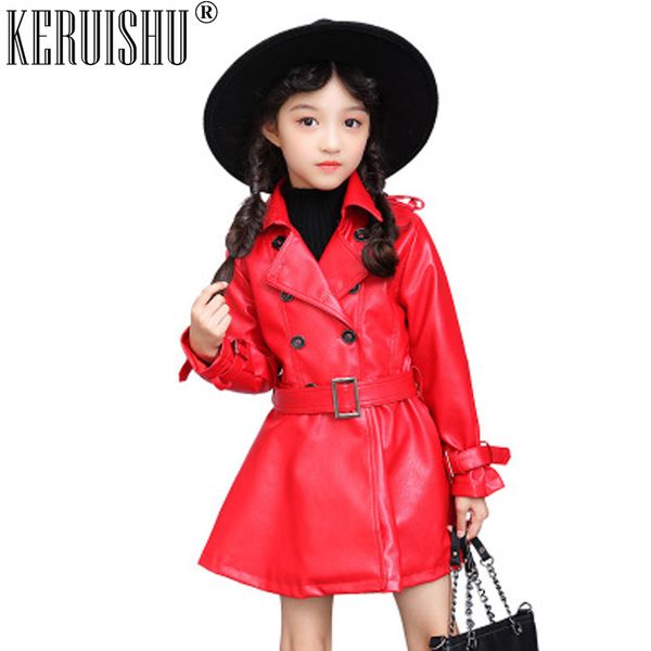 

keruishu autumn winter fake leather girl trench children coats black/red turn-down collar double-breasted long leather outerwear, Blue;gray