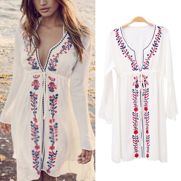 

2019 summer women embroidery retro bikini long-sleeved blouse beach skirt fashion holiday beach skirt loose dress 19ing, Blue;gray
