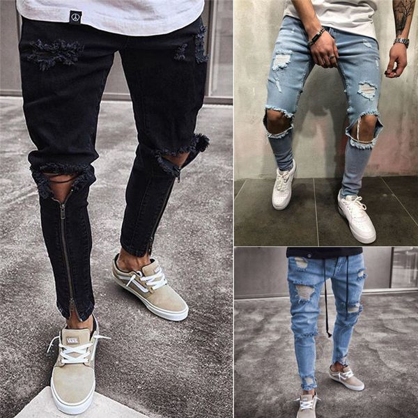 

hirigin men's ripped hole jeans super skinny slim fit denim pants destroyed frayed trousers, Blue