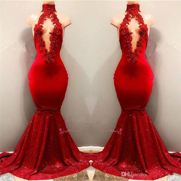 

2019 real pictures red mermaid prom dresses sequined skirts high neck evening gowns lace 3d floral appliqued beads party dress, Black