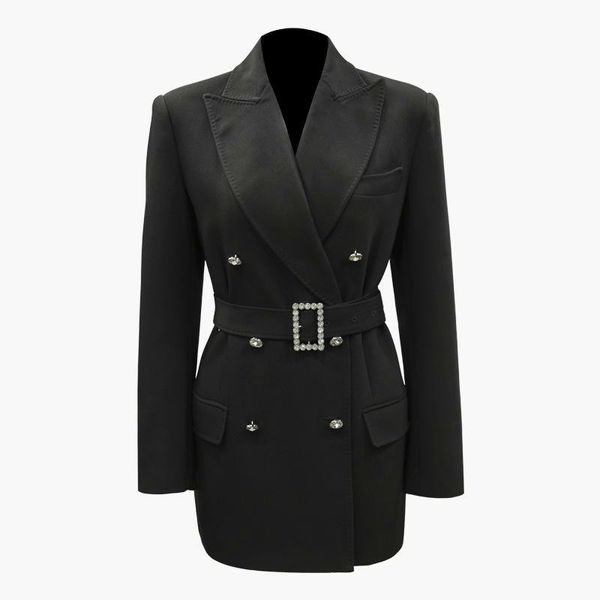 

women blazer diamond button womens blazers long sleeve women jaket belt slim thin suit coat all match woman z047, White;black