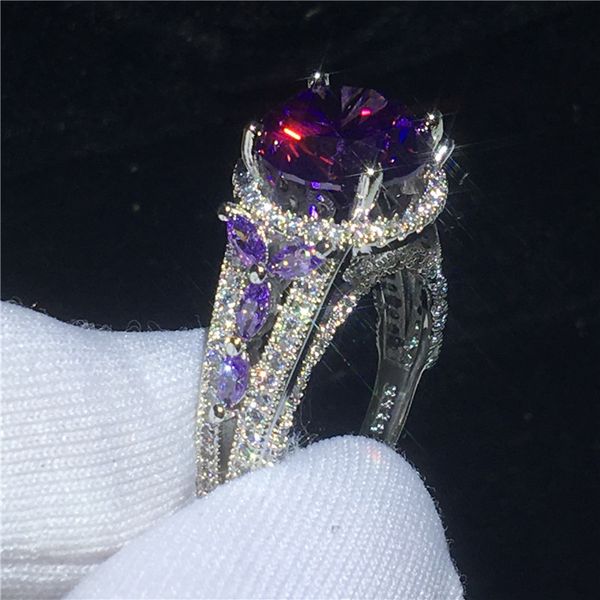 

vecalon hollow flower ring 925 sterling silver 4ct purple diamonds cz anniversary wedding band rings for women finger jewelry, Slivery;golden