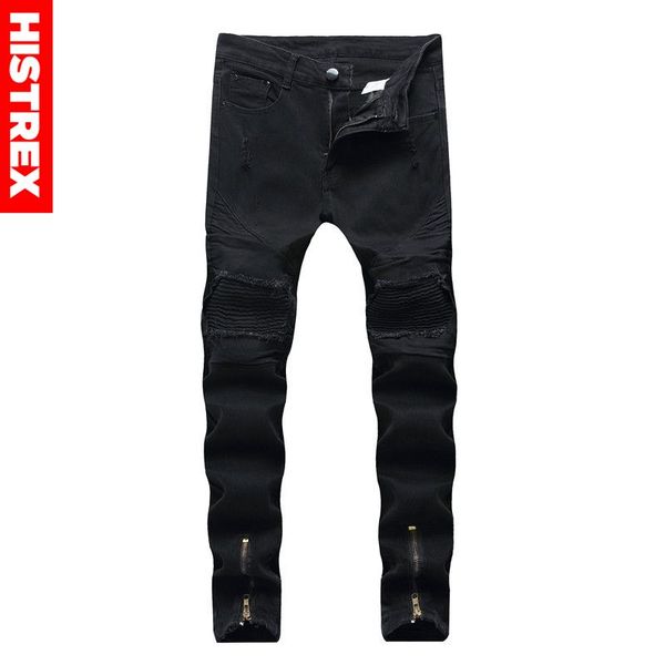 

histrex 2019 biker black jeans mens joggers pants stretch ripped denim destroyed bottom zipper jean hip hop streetwear #hjg1f, Blue
