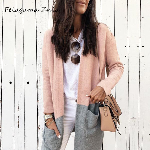 

felagama znia casual long sleeve knitted cardigan women patchwork v-neck knitted sweater female warm autumn winter soft jumper, White;black