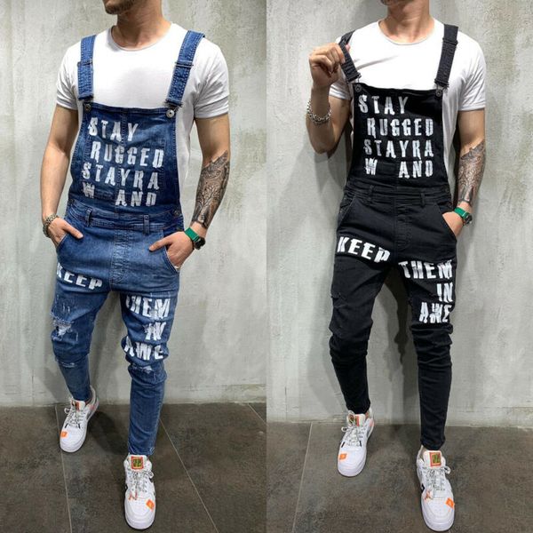 

men jeans fashion denim pencil pants ripped bib jumpsuit suspender overalls us, Black