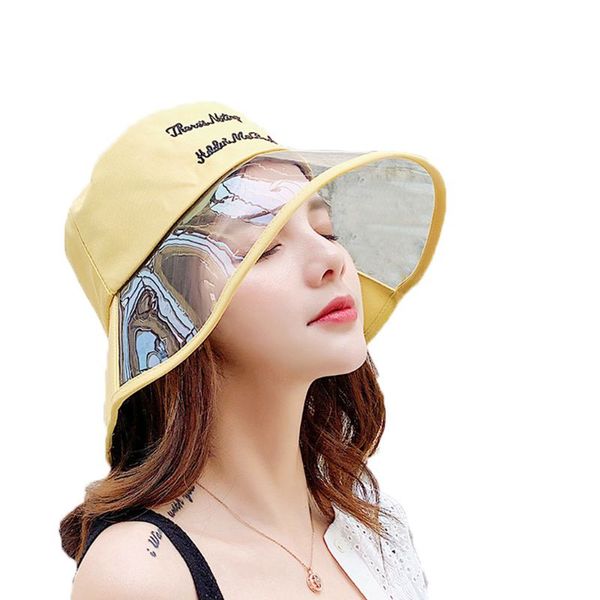 

women girls semi transparent plastic beach sun visor fisherman hat letters embroidered hip-hop wide brim flat bucket cap, Blue;gray
