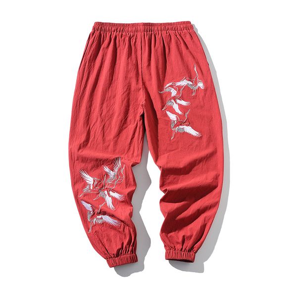 

summer leisure trousers embroidery linen cotton waist men pants regular straight bottom flax men lantern band foot printed pants, Black