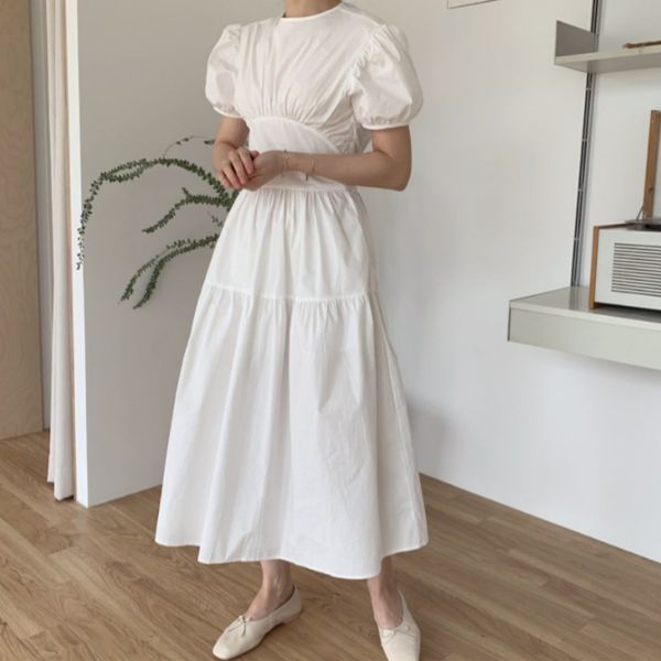 

2020 back lace up empire puff sleeve dress, Black;gray