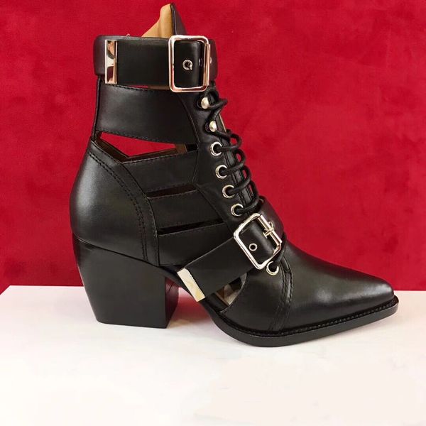 

woman paris fashion runway shoes combat style buckles straps brogue rylee cutout genuine leather ankle boots european size 35-39, Black