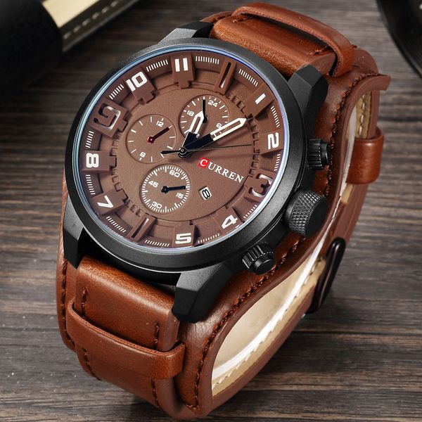 

curren brand new men fashion quartz watches men's army leather sports wrist watch male date clock relogio masculino, Slivery;brown