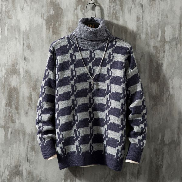 

high collar sweater men's warm fashion print casual knit pullover man wild loose long sleeve sweater male large size -5xl, White;black