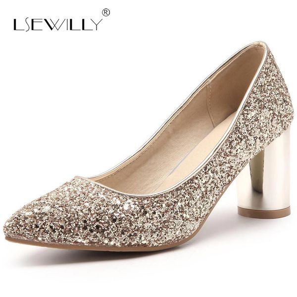 

lsewilly new wedding party shoes high heels gold silver women pumps thick heel pointed toe female shoes size 33-48 s423, Black