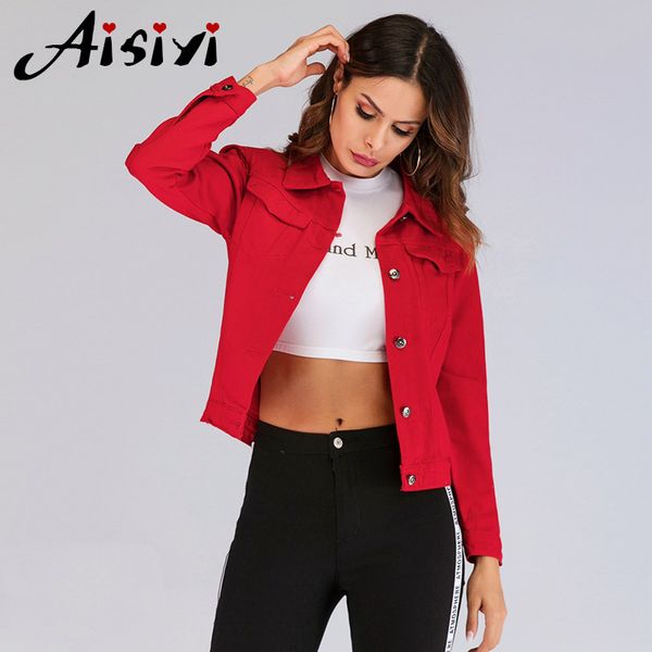 

aisiyi denim jacket for women red cropped jeans jacket coat female casual vintage jeans women loose long sleeve jackets, Black;brown