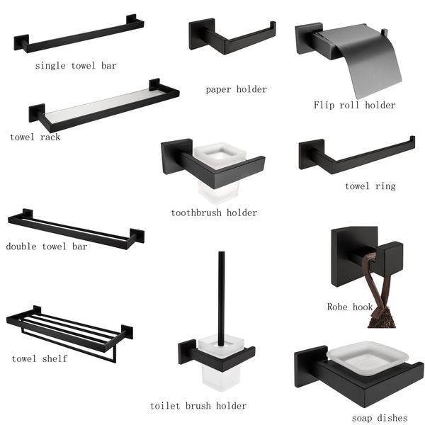 

sus 304 stainless steel bathroom hardware set paper holder towel ring towel bar hook bathroom accessories set, matte black