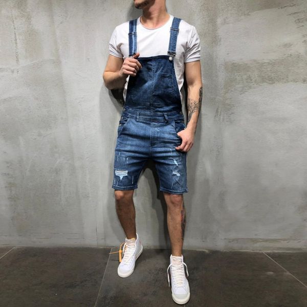 

lasperal new fashion men's ripped jeans jumpsuits shorts summer streetwear distressed denim bib overalls for man suspender pants, Blue