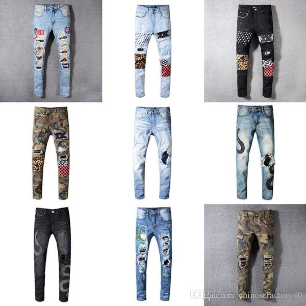 

марка mens конструктора джинсы одежда рваные штаны panther black soldier тонкий denim straight байкер hip hop motorcycle man cool jeans, Blue