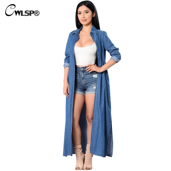 

cwlsp 2018 denim trench coat for women fashion solid lengthened trench coat female casual x-long casaco feminino qz2142, Tan;black