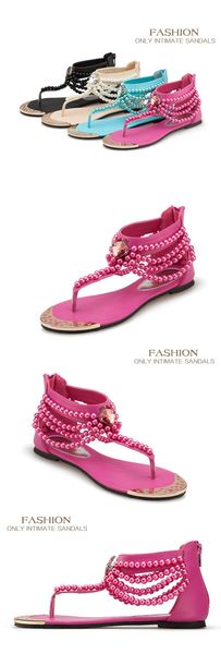 

new pearl chain beads with rhinestone sandals flat heel flip flops fashion women sandals shoes epacket ing, Black