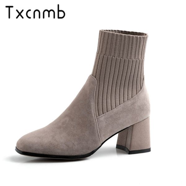 

txcnmb 2019 new boots women mid-calf boots autumn winter warm square heels shoes woman cow suede leather casual quality brand, Black