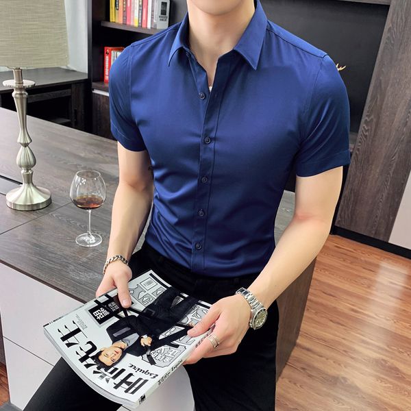 

2019 men pure cotton casual short-sleeved shirt/male slim fit lapel business dress shirts red blue white black 4xl