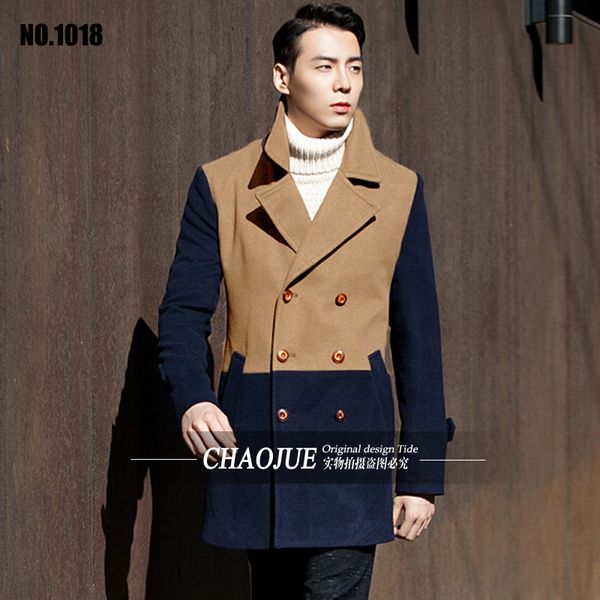 

s-5xl 2016 men's new fashion wool overcoat winter double breaste slim color block long-sleeve woolen outerwear trench clothing, Black