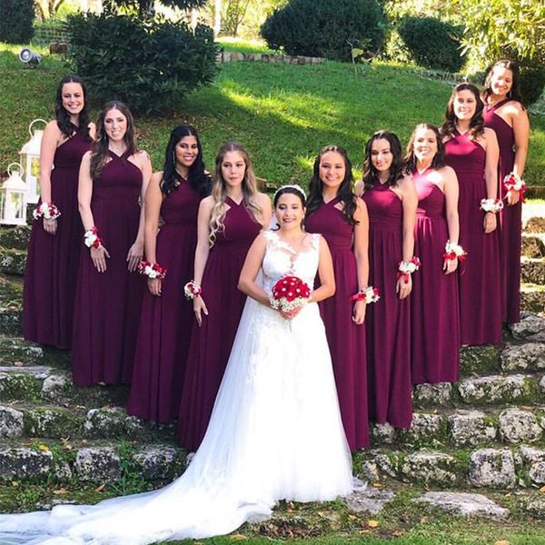 

burgundy chiffon long bridesmaid dress with halter neck 2020 floor length wedding party dress backless maxi gown, White;pink