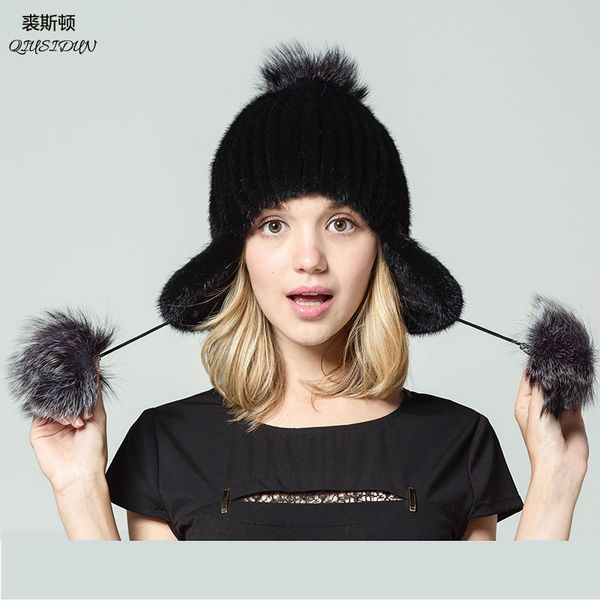 A Real Knitted Hat Natural Fox Hair Ball Winter Warm Hat Russian