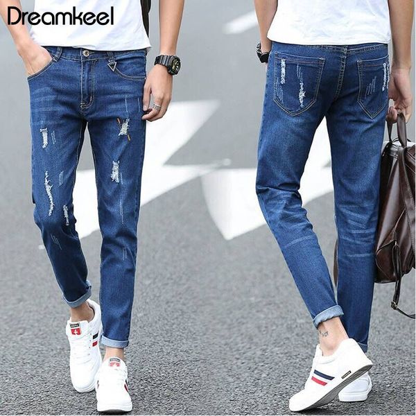 

2019 brand designer slim fit washed jeans street mens distressed denim hip hop jeans pure color holes ripped men y, Blue