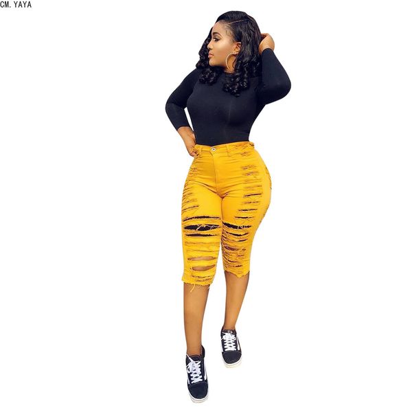 

cm.yaya 2019 women summer casual fasion new hight-waist jeans hole knee length straight pants pink yellow color cmld8334, Blue