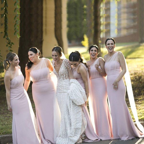 One Shoulder Mermaid Pink Long Bridesmaid Dresses Backless Sweep
