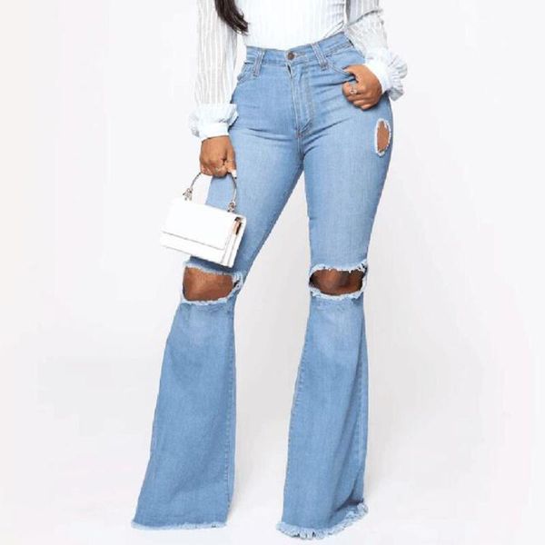 

2020 women jeans hole button zipper pocket jeans casual denim flares wide leg slim pants mom pantalones vaqueros mujer, Blue