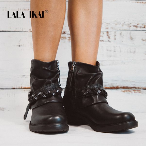 

lala ikai platform boots western boots round toe zipper ankle pu leather chain metal decoration ladies 014a2703 -45, Black