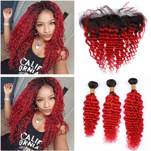 

#1b/red ombre deep wave brazilian human hair weave bundles with frontal red ombre deep wavy 13x4 lace frontal closure with hair weaves, Black