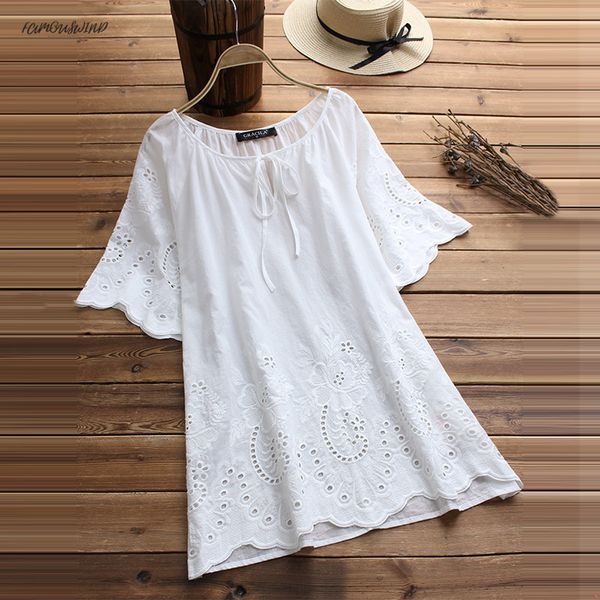 

white fashion blouse female short sleeve blusa oversized women vintage hollow floral embroidery casual solid shirt summer