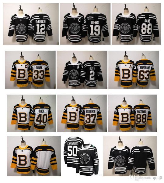 

nhl 2019 winter classic chicago blackhawks boston bruins toews debrincat patrick kane seabrook crawford pastrnak bergeron marchand jersey, Black;red