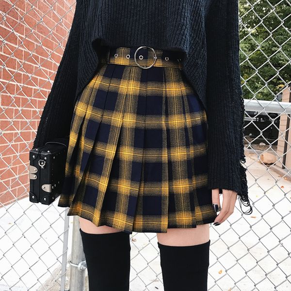

2019 spring summer woman skirts school girl cute harajuku lattice pleated skirt punk style high waist short skirt, Black;gray