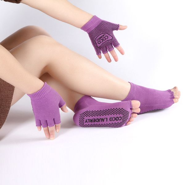 

yoga socks ladies sport pilates socks ballet dance half five fingers silicone dots anti-slip gloves set 2018, Black