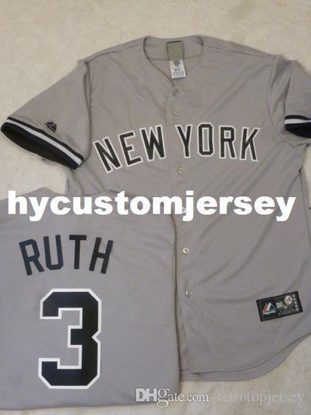 

custom majestic new york #3 babe ruth "w/name" sewn baseball jersey gray mens stitched jerseys big and tall size xs-6xl for sale, Black;blue