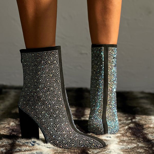

big size shoes woman boots women new 2019 zipper winter footwear booties ladies round toe luxury designer large size high heel, Black