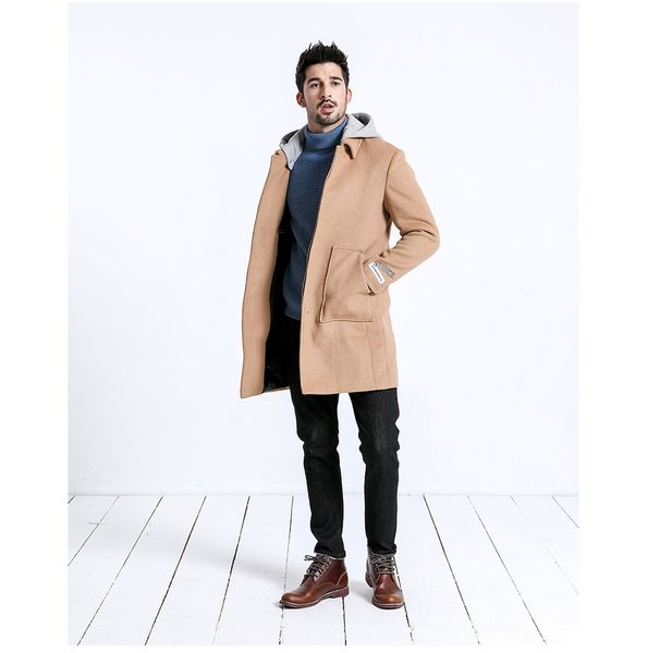 

2019 winter new woolen overcoat men long coats embroidered sleeve wool hat detachable jackets plus size clothes, Black