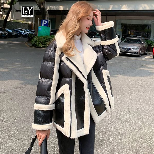

ly varey lin winter faux lamb fur faux soft leather jacket overcoat women thickness motorcycle zipper glossy silvery outerwear, Black