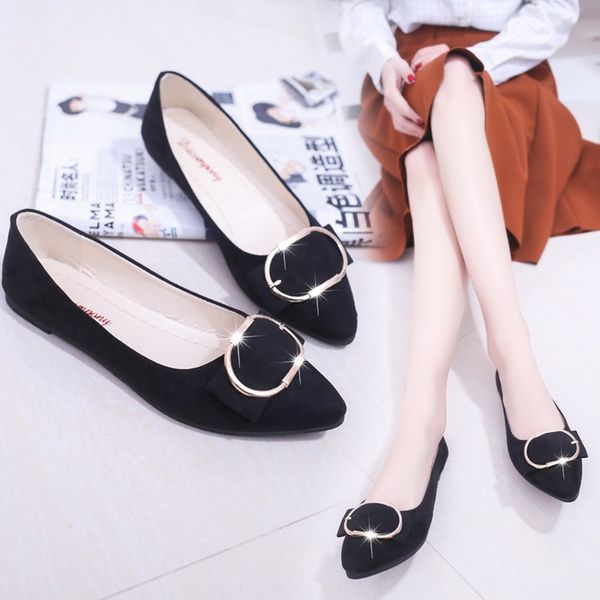 

selling korean-style 2018 autumn new style pointed shoes square buckle women's shoes flat heel flat shallow mouth comfortabl, Black