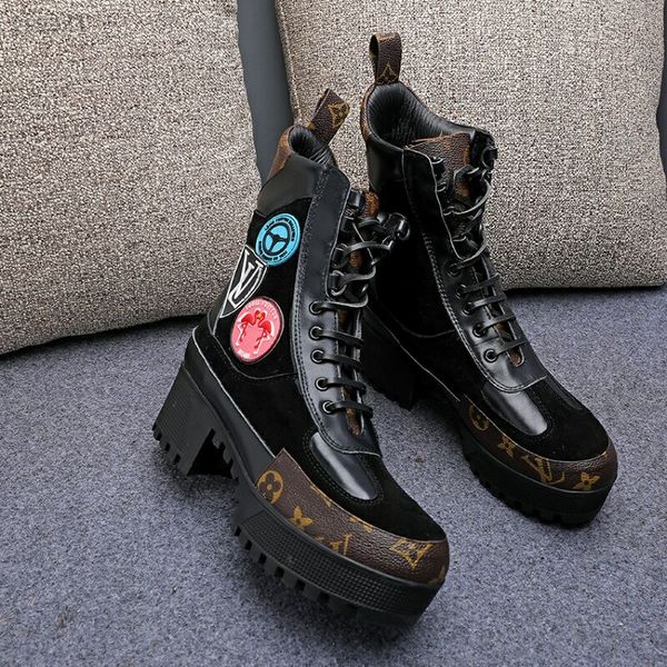 

2019 europe and america martin boots thick bottom waterproof heel outdoor women's boots high heel retro lace-up short boots single boot, Black
