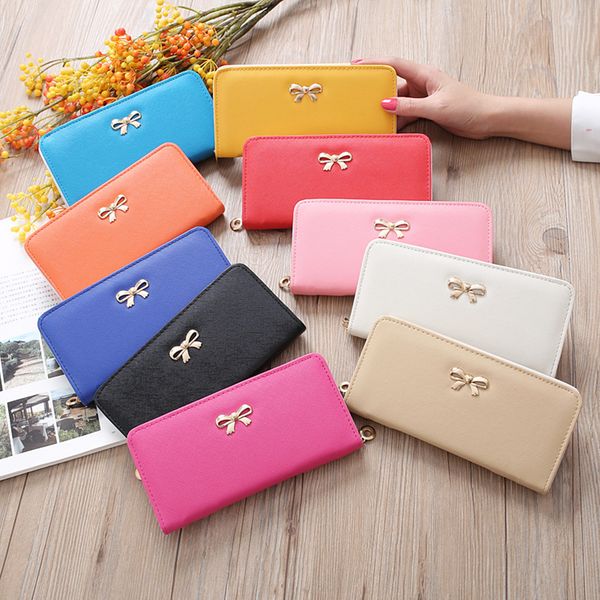 

fashion women bowknot pu leather wristlets long clutches wallet zipper coins purse card holder phone pocket organizer wallets girls handbag, Red;black