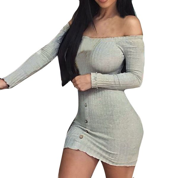 

Women Bodycon Dress Fashion Long Sleeve Off The Shoulder Solid Button Slash Neck Casual Dresses Vestidos Dress
