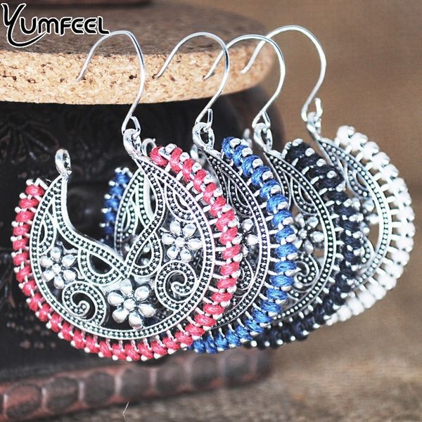 

yumfeel new vintage earrings jewelry women bohemian metal engraving flower thread hoop earrings gifts, Golden