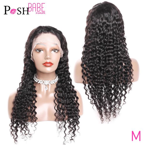 

13x6 deep wave lace front wig human hair malaysian long remy 180 density natural color transparent pre plucked wigs with bangs, Black;brown