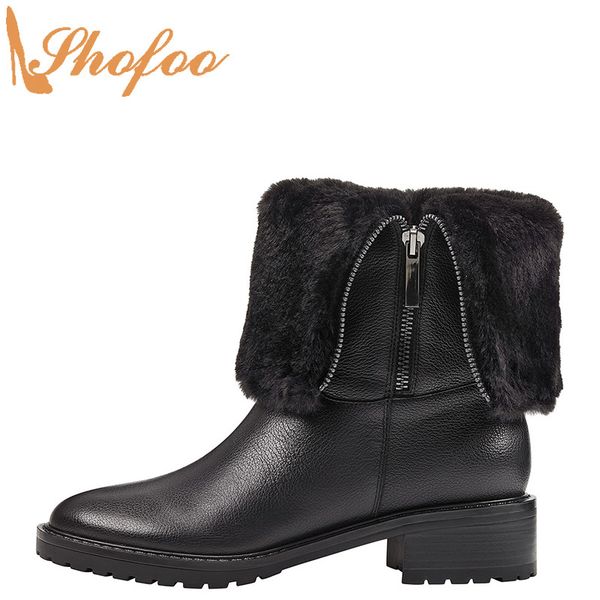 

black low chunky heels round toe booties woman ankle boots zipper large size 15 16 for ladies winter fashion plush shoes shofoo