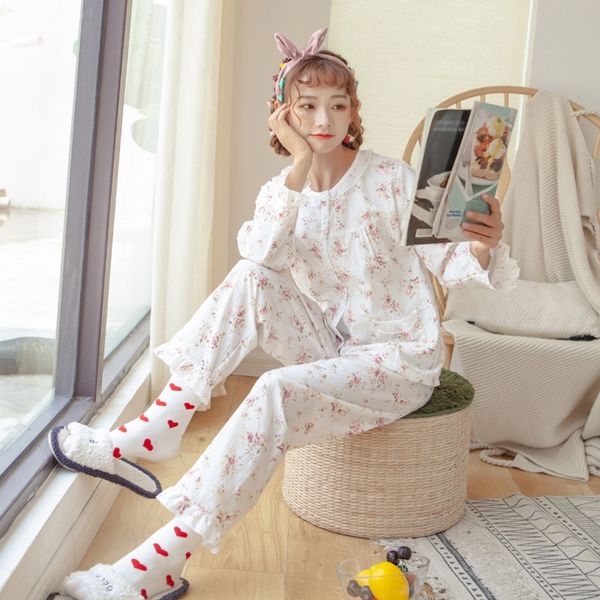 

lace autumn women lace pajamas pajamas autumn long sleeve loose cute home clothes two-piece set winter and summer cardigan, Blue;red
