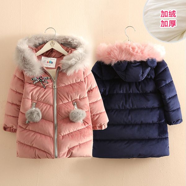 

baby girl winter coat 2018 cold 3-10 11 12 years teenager christmas gift thickening faux fur ball kids girls hooded down jacket, Blue;gray